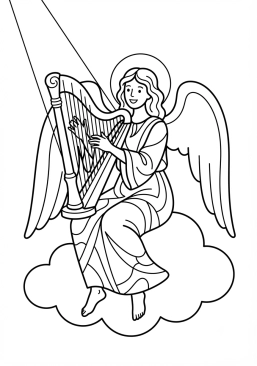 Voir le coloriage Ange musicien jouant de la harpe dorée sous un rayon de lune