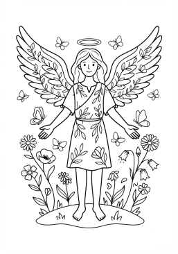 Voir le coloriage Ange de la nature entouré de papillons et de fleurs sauvages