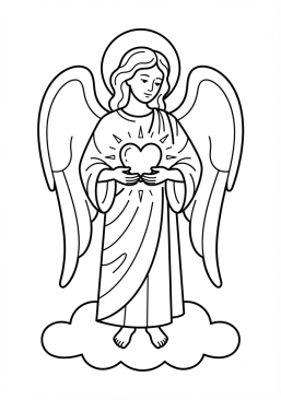 Voir le coloriage Ange protecteur serrant doucement un coeur lumineux entre ses mains