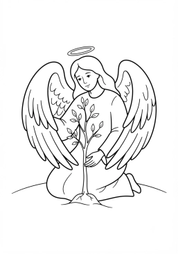 Voir le coloriage Ange protecteur enveloppant un jeune arbre de ses grandes ailes