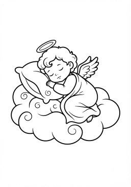 Voir le coloriage Bébé chérubin endormi paisiblement sur un oreiller de nuages