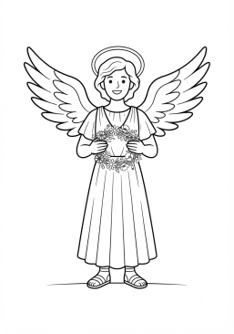 Voir le coloriage Ange souriant tenant une couronne de fleurs des champs