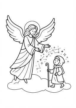 Voir le coloriage Ange des étoiles guidant un voyageur avec une poussière lumineuse