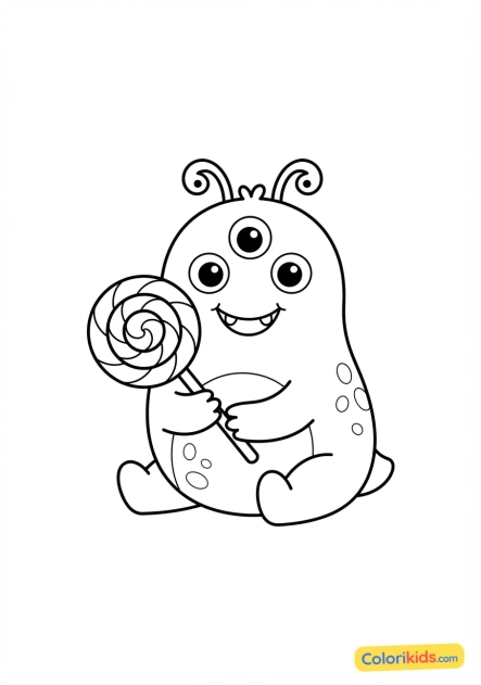 Coloriage à imprimer : adorable petit monstre à trois yeux tenant un bonbon géant