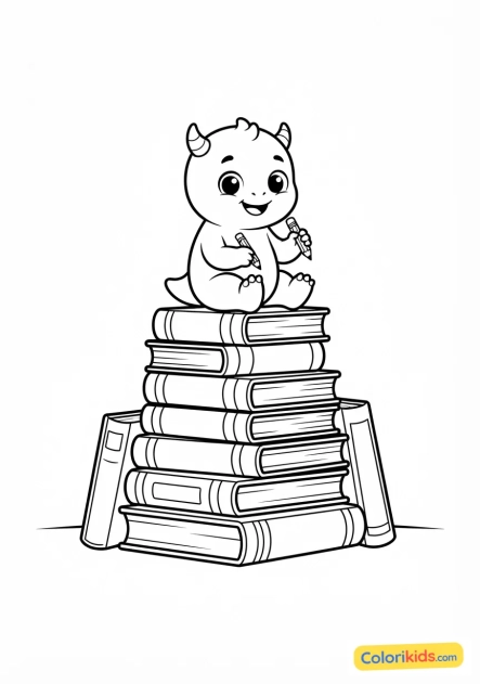 Coloriage à imprimer : bébé monstre perché sur une pile de livres colorés