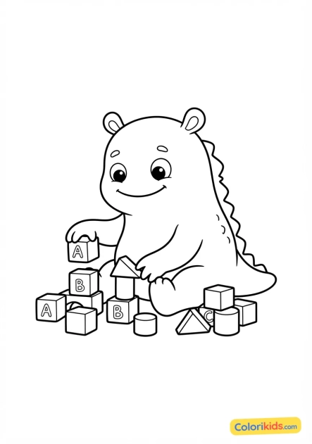 Coloriage à imprimer : bébé monstre jouant avec des cubes de construction en bois