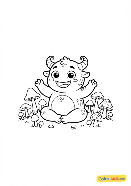 Coloriage à imprimer : petit monstre plein d'entrain, assis au milieu d'un champ de champignons.