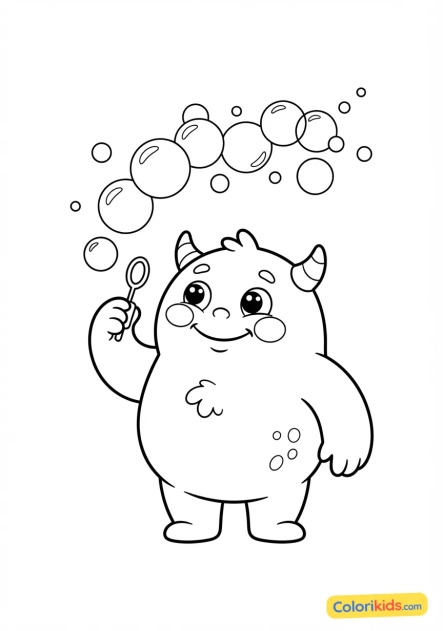 Coloriage à imprimer : monstre potelé et joyeux soufflant des bulles de savon multicolores