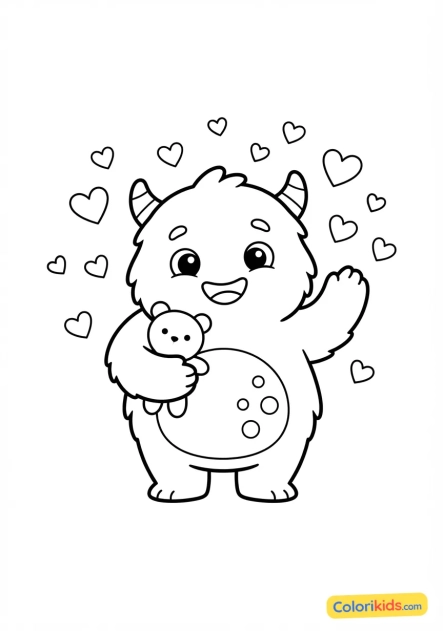 Coloriage à imprimer : petit monstre câlin entouré de petits coeurs flottants