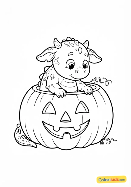 Coloriage à imprimer : bébé monstre curieux explorant une citrouille d'Halloween souriante