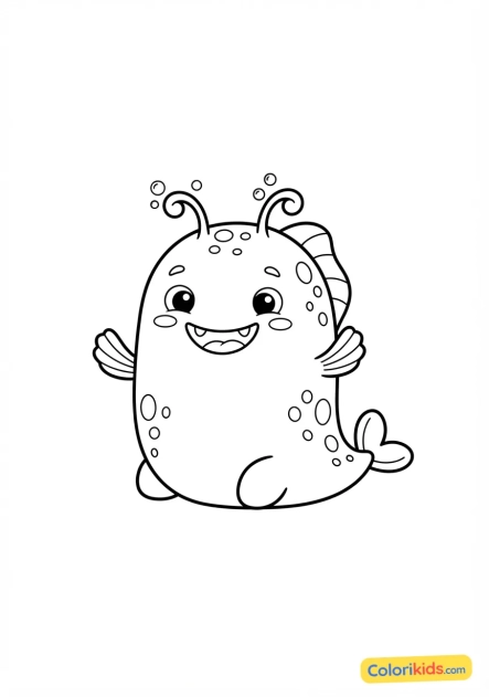 Coloriage à imprimer : monstre aquatique mignon avec des petites nageoires et des taches