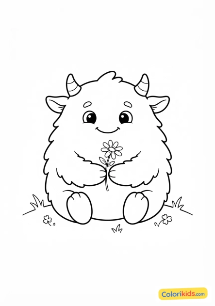 Coloriage à imprimer : monstre tout doux tenant une petite fleur des champs avec amour