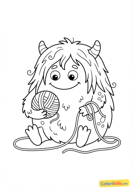 Coloriage à imprimer : monstre chevelu et coloré jouant avec une pelote de laine