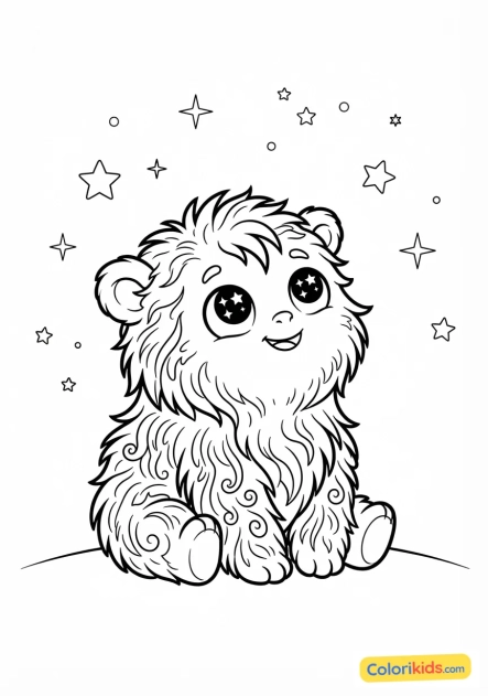 Coloriage à imprimer : monstre chevelu aux grands yeux brillants regardant les étoiles