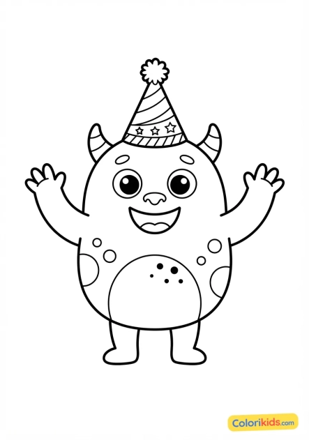 Coloriage à imprimer : monstre joyeux portant un chapeau de fête pointu
