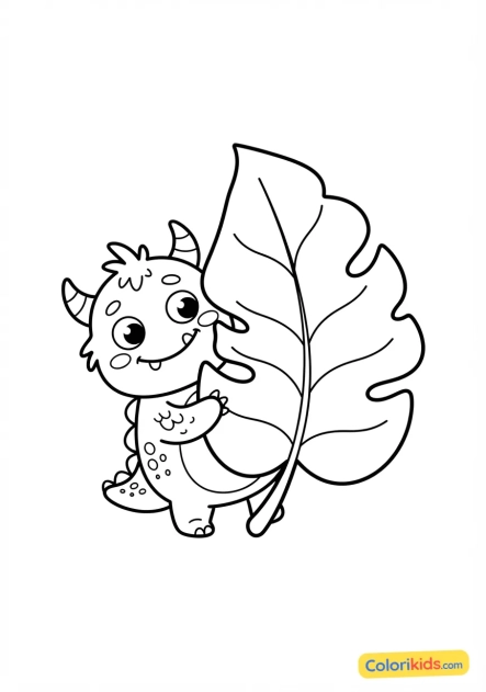 Coloriage à imprimer : petit monstre espiègle caché derrière une grande feuille
