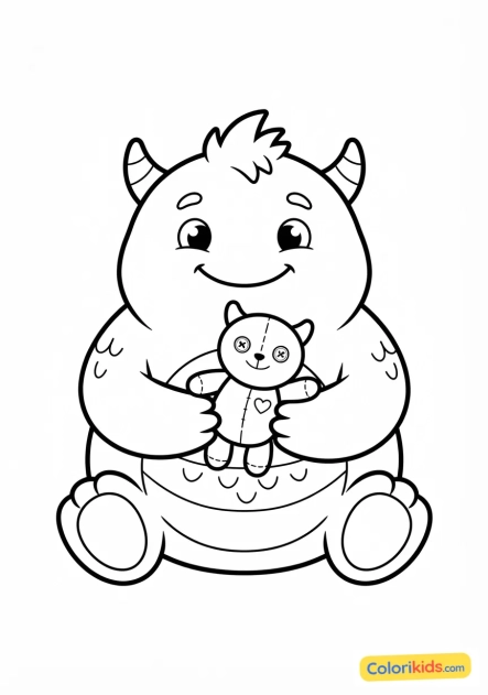 Coloriage à imprimer : monstre dodu et souriant tenant un doudou en forme de monstre