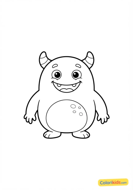 Coloriage à imprimer : monstre dodu souriant avec deux petites cornes douces sur la tête