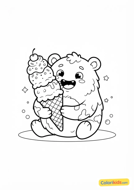 Coloriage à imprimer : monstre rond et doux qui mange une glace géante en souriant