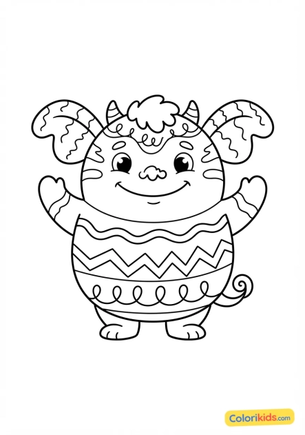 Coloriage à imprimer : monstre rondouillet aux rayures rigolotes et aux grandes oreilles