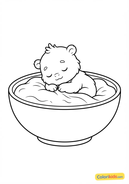 Coloriage à imprimer : bébé monstre endormi paisiblement dans un grand bol douillet