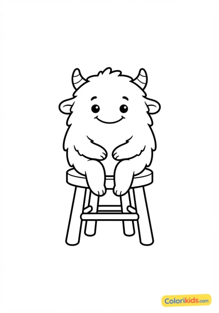 Coloriage à imprimer : petit monstre souriant assis sagement sur un tabouret