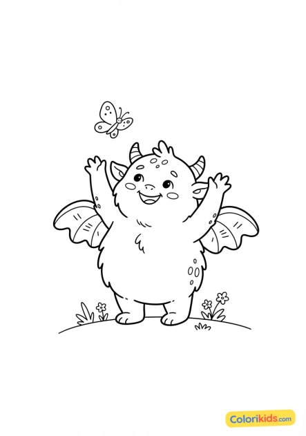 Coloriage à imprimer : petit monstre ailé souriant essayant d'attraper un papillon