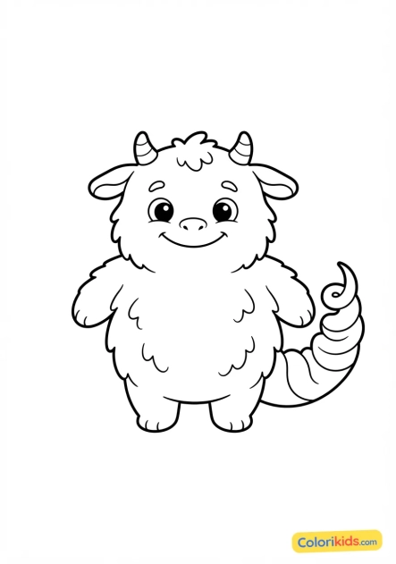 Coloriage à imprimer : petit monstre à fourrure douce avec une queue en tire-bouchon