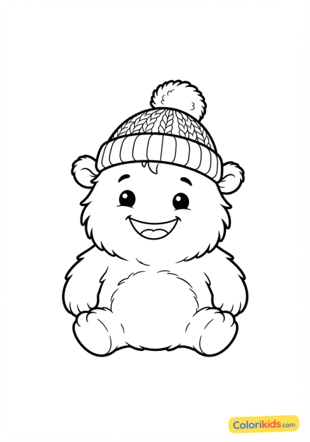 Coloriage à imprimer : monstre doux avec un petit bonnet de laine et un pompon