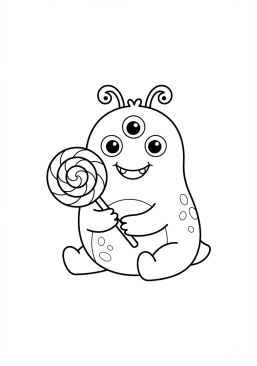 Voir le coloriage Adorable petit monstre à trois yeux tenant un bonbon géant
