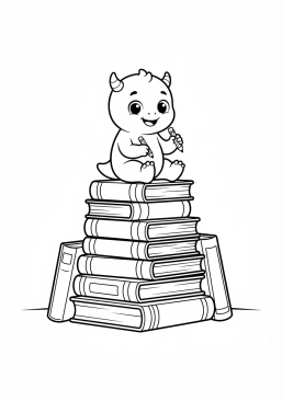 Voir le coloriage Bébé monstre perché sur une pile de livres colorés