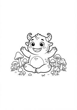 Voir le coloriage Petit monstre plein d'entrain, assis au milieu d'un champ de champignons.