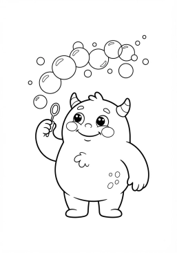 Voir le coloriage Monstre potelé et joyeux soufflant des bulles de savon multicolores