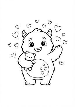 Voir le coloriage Petit monstre câlin entouré de petits coeurs flottants