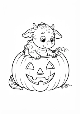 Voir le coloriage Bébé monstre curieux explorant une citrouille d'Halloween souriante
