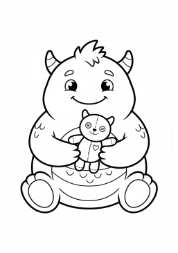 Voir le coloriage Monstre dodu et souriant tenant un doudou en forme de monstre