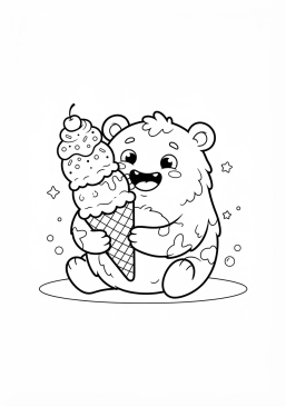 Voir le coloriage Monstre rond et doux qui mange une glace géante en souriant
