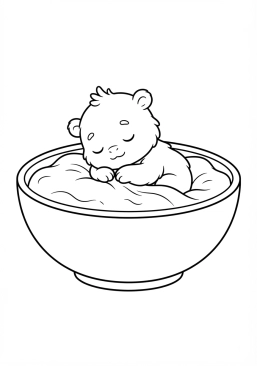 Voir le coloriage Bébé monstre endormi paisiblement dans un grand bol douillet
