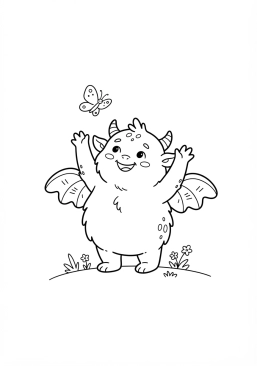 Voir le coloriage Petit monstre ailé souriant essayant d'attraper un papillon