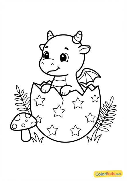 Coloriage à imprimer : bébé dragon éclos de son oeuf étoilé au coeur d'une forêt