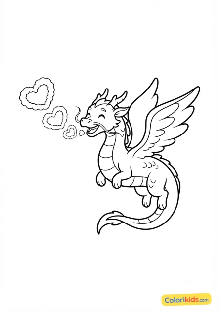 Coloriage à imprimer : dragon céleste crachant des anneaux de fumée en forme de coeur