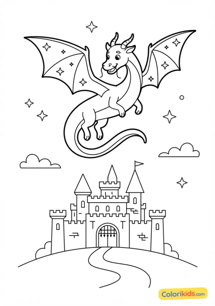 Coloriage à imprimer : dragon céleste planant au-dessus d'un château fort médiéval