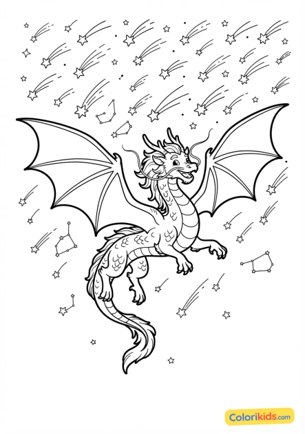 Coloriage à imprimer : dragon céleste aux ailes déployées sous une pluie d'étoiles filantes