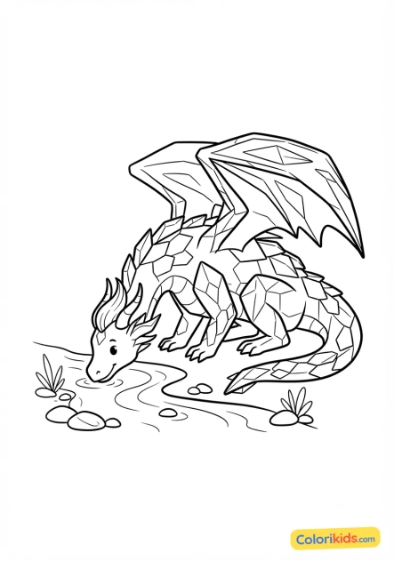 Coloriage à imprimer : dragon de cristal aux écailles scintillantes buvant à un ruisseau