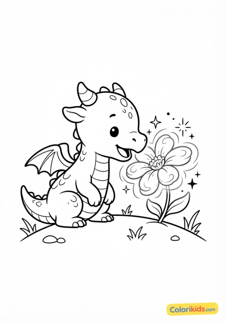 Coloriage à imprimer : bébé dragon curieux reniflant une fleur magique lumineuse