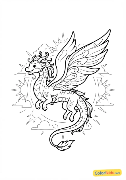 Coloriage à imprimer : dragon de l'aube aux teintes dorées et roses pastel