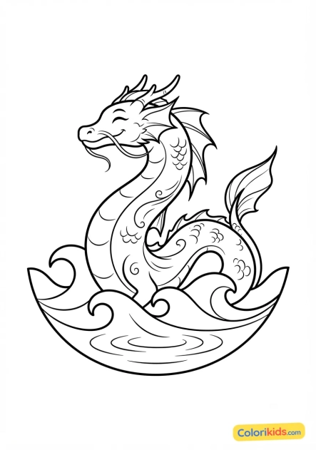 Coloriage à imprimer : dragon marin élégant émergeant calmement des vagues de l'océan
