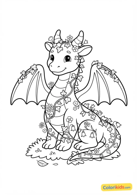 Coloriage à imprimer : dragon des forêts couvert de lierre et de petites fleurs sauvages
