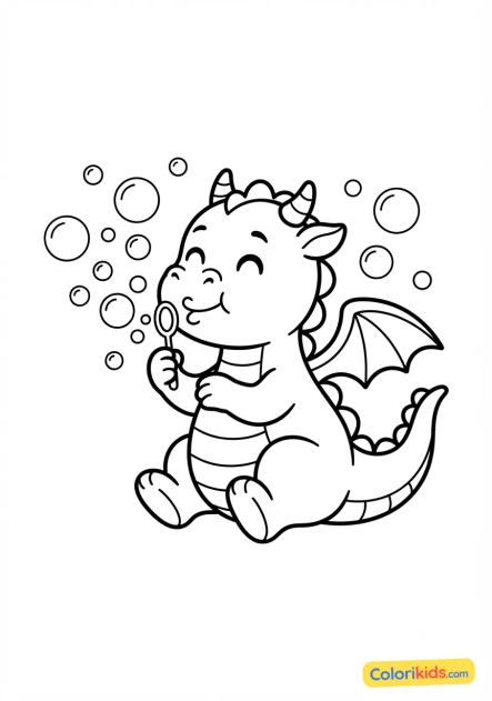 Coloriage à imprimer : jeune dragon amical soufflant de petites bulles de savon colorées