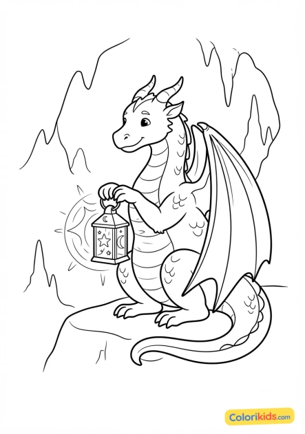 Coloriage à imprimer : dragon gardien tenant une lanterne magique éclairant sa grotte